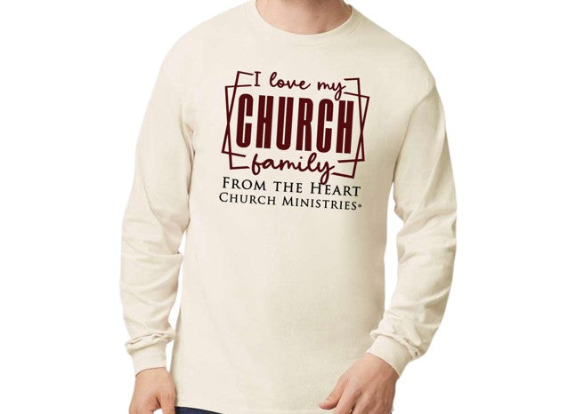 T-Shirt: Long Sleeve - I Love My Church Family -Tan